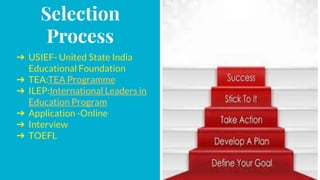 Selection
Process
➔ USIEF- United State India
Educational Foundation
➔ TEA:TEA Programme
➔ ILEP:International Leaders in
Education Program
➔ Application -Online
➔ Interview
➔ TOEFL
 