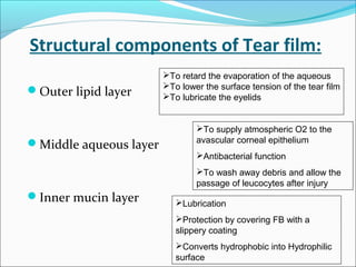 Structural components of Tear film:
Outer lipid layer
Middle aqueous layer
Inner mucin layer
To retard the evaporation of the aqueous
To lower the surface tension of the tear film
To lubricate the eyelids
To supply atmospheric O2 to the
avascular corneal epithelium
Antibacterial function
To wash away debris and allow the
passage of leucocytes after injury
Lubrication
Protection by covering FB with a
slippery coating
Converts hydrophobic into Hydrophilic
surface
 