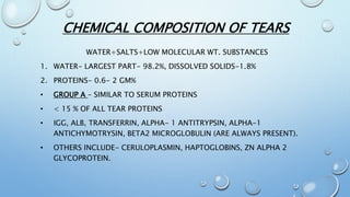 CHEMICAL COMPOSITION OF TEARS
WATER+SALTS+LOW MOLECULAR WT. SUBSTANCES
1. WATER- LARGEST PART- 98.2%, DISSOLVED SOLIDS-1.8%
2. PROTEINS- 0.6- 2 GM%
• GROUP A – SIMILAR TO SERUM PROTEINS
• < 15 % OF ALL TEAR PROTEINS
• IGG, ALB, TRANSFERRIN, ALPHA- 1 ANTITRYPSIN, ALPHA-1
ANTICHYMOTRYSIN, BETA2 MICROGLOBULIN (ARE ALWAYS PRESENT).
• OTHERS INCLUDE- CERULOPLASMIN, HAPTOGLOBINS, ZN ALPHA 2
GLYCOPROTEIN.
 