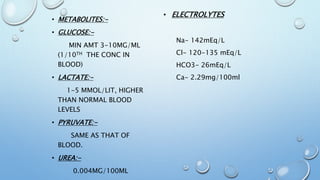 • METABOLITES:-
• GLUCOSE:-
MIN AMT 3-10MG/ML
(1/10TH THE CONC IN
BLOOD)
• LACTATE:-
1-5 MMOL/LIT, HIGHER
THAN NORMAL BLOOD
LEVELS
• PYRUVATE:-
SAME AS THAT OF
BLOOD.
• UREA:-
0.004MG/100ML
• ELECTROLYTES
Na- 142mEq/L
Cl- 120-135 mEq/L
HCO3- 26mEq/L
Ca- 2.29mg/100ml
 