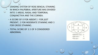 - GRADING SYSTEM OF ROSE BENGAL STAINING
IN WHICH PALPEBRAL APERTURE WAS DIVIDED
INTO 3 AREAS, NASAL AND TEMPORAL
CONJUNCTIVA AND THE CORNEA.
- A SCORE OF 0 FOR ABSENT,1 FOR JUST
PRESENT, 2 FOR MODERATE STAINING AND 3
FOR GROSS STAINING.
- TOTAL SCORE OF 3.5 OF 9 CONSIDERED
ABNORMAL
 