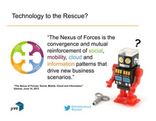 11 © Jive confidential 11© Jive confidential
Technology to the Rescue?
“The Nexus of Forces is the
convergence and mutual
reinforcement of social,
mobility, cloud and
information patterns that
drive new business
scenarios.”
“The Nexus of Forces: Social, Mobile, Cloud and Information”
Gartner, June 14, 2012
?
 