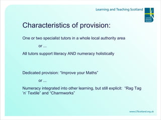 Characteristics of provision: One or two specialist tutors in a whole local authority area or ... All tutors support literacy AND numeracy holistically Dedicated provision: “Improve your Maths” or ... Numeracy integrated into other learning, but still explicit:  “Rag Tag ’n’ Textile” and “Charmworks” 