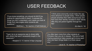 d
d
d
USER FEEDBACK
“I think some anonymity would make this app
more attractive to people today. I think people
should advertise their skills anonymously and
then have their identity revealed to their clients
after they are paired together through the
app.”
-En-Wei H. ‘16
You often learn more from other students at
Princeton than you do in classes. This kind of skill
sharing experience helps people get to know each
other and learn things faster in a more casual
way."
- Jacob S. '15, teacher of Photoshop
"Tearn Up is an awesome way to share skills
with others that aren't necessarily taught in the
classroom."
- Meaghan O. '17, learner of Sign Language
"If you know something, you should ALWAYS be
looking for opportunities to teach. It exposes the
things you don’t understand, and makes you look at
things from new angles when students ask
questions."
-Matthew L. ‘18, teacher of Self-Defense
 