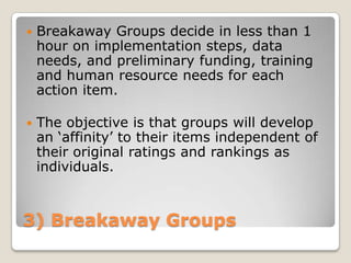    Breakaway Groups decide in less than 1
    hour on implementation steps, data
    needs, and preliminary funding, training
    and human resource needs for each
    action item.

   The objective is that groups will develop
    an ‘affinity’ to their items independent of
    their original ratings and rankings as
    individuals.



3) Breakaway Groups
 