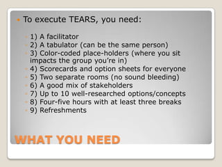    To execute TEARS, you need:

    ◦ 1) A facilitator
    ◦ 2) A tabulator (can be the same person)
    ◦ 3) Color-coded place-holders (where you sit
      impacts the group you’re in)
    ◦ 4) Scorecards and option sheets for everyone
    ◦ 5) Two separate rooms (no sound bleeding)
    ◦ 6) A good mix of stakeholders
    ◦ 7) Up to 10 well-researched options/concepts
    ◦ 8) Four-five hours with at least three breaks
    ◦ 9) Refreshments



WHAT YOU NEED
 