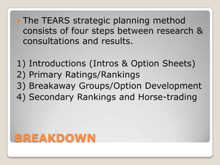    The TEARS strategic planning method
    consists of four steps between research &
    consultations and results.

1)   Introductions (Intros & Option Sheets)
2)   Primary Ratings/Rankings
3)   Breakaway Groups/Option Development
4)   Secondary Rankings and Horse-trading



BREAKDOWN
 