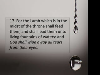 17 For the Lamb which is in the
midst of the throne shall feed
them, and shall lead them unto
living fountains of waters: and
God shall wipe away all tears
from their eyes.
 