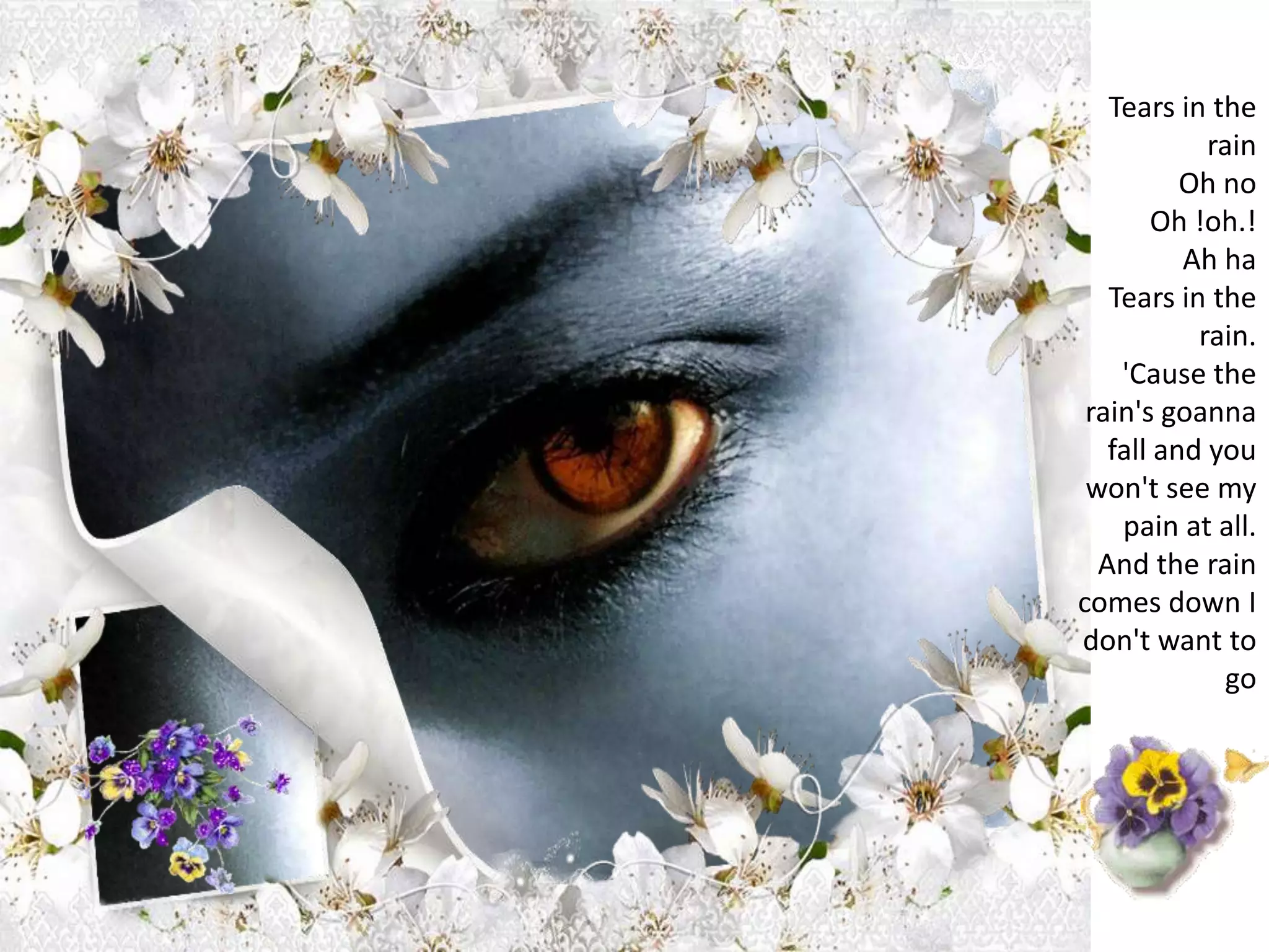 Tears in the rainOh noOh !oh.!Ah haTears in the rain.'Cause the rain's goanna fall and you won't see my pain at all.And the rain comes down I don't want to go