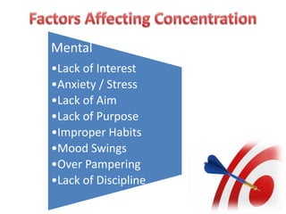 Mental
•Lack of Interest
•Anxiety / Stress
•Lack of Aim
•Lack of Purpose
•Improper Habits
•Mood Swings
•Over Pampering
•Lack of Discipline
 