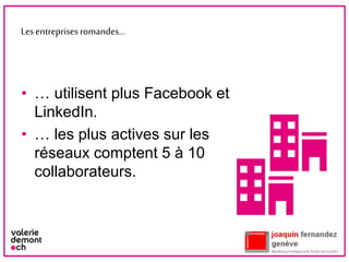 Lesentreprisesromandes…
• … utilisent plus Facebook et
LinkedIn.
• … les plus actives sur les
réseaux comptent 5 à 10
collaborateurs.
2
 