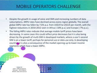 Contact Us
Email : zia@ventureart.biz
Whatsapp : +965 67086552
Website: www.ventureart.biz
MOBILE OPERATORS CHALLENGE
• Despite the growth in usage of voice and SMS and increasing numbers of data
subscriptions, ARPU rates have declined across every region globally. The overall
global ARPU rate has fallen by 7.6% p.a. from US$19 to US$14 per month, with the
highest reductions in 2010-2012 seen in Africa (-10% p.a.) and Europe (-7% p.a.).
• The falling ARPU rates indicate that average mobile tariff prices have been
decreasing. In some cases this could reflect price decreases but it is also being
driven by the growth of multi-SIM in developed markets, where a user’s second
SIM is on a lower tariff, perhaps for personal use or data use only. In developing
countries it is also a consequence of the market opening up to lower income
segments which have a lower ARPU.
10
 