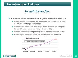 Les enjeux pour Toulouse



 inToulouse est une contribution majeure à la maîtrise des flux
     Par l’usage du smartphone, un média présent auprès de l’usager
      à 100% de son temps en mobilité
     Par la mise à disposition de l’usager d’une information agrégée :
      l’ensemble des moyens de transports sont intégrés
     Par une présentation ergonomique des informations : les cartes
     Par l’usage d’un outil aujourd’hui très répandu et populaire :




                                                                 inToulouse - Mai 2011   16
 