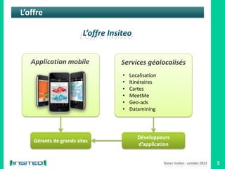 L’offre




                              •   Localisation
                              •   Itinéraires
                              •   Cartes
                              •   MeetMe
                              •   Geo-ads
                              •   Datamining




                                     Développeurs
    Gérants de grands sites
                                     d’application


                                                 Teaser Insiteo - october 2011   5
 