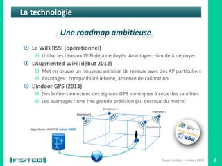 La technologie



 Le WiFi RSSI (opérationnel)
      Utilise les réseaux WiFi déjà déployés. Avantages : simple à déployer
 L’Augmented WiFi (début 2012)
      Met en œuvre un nouveau principe de mesure avec des AP particuliers
      Avantages : compatibilité iPhone, absence de calibration
 L’indoor GPS (2013)
      Des boîtiers émettent des signaux GPS identiques à ceux des satellites
      Les avantages : une très grande précision (au dessous du mètre)
                                                 Emetteur 2
                                                                 Emetteur 3
                                    Emetteur 1



                                                              Emetteur 4
  Algorithmes INSITEO Indoor GNSS




                                                                           Teaser Insiteo - october 2011   6
 