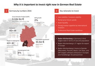 Why it is important to invest right now in German Real Estate
• Low volatility / investors stability
• Rental price future upside
• Asset liquidity
• Strong investor appetite by international
investors
• Professional Real Estate workforce
Key rationales to invest
• Baden-Württemberg is Germany’s third
largest state in terms of size and population
• Baden-Württemberg is 1st region for export
in Europe
• Baden-Württemberg is home to Daimler
(Mercedes), Porsche, Bosch, Carl Zeiss, and
SAP (largest software enterprise in Europe)
and Heidelberger Druckmaschinen
Residents
82+ m
Another increase
__________
GrossDomesticProduct(GDP)
3.134 bn €
Share of EU’s GDP around 30%
__________
Unemploymentrate
6%
Fewer than 2,7 m unemployed
__________
Peoplein employment
43+ m
Highest figure since
reunification
__________
GDP growth
2%
EU average : 1,7 %
__________
1 Germany by numbers 2016
Source: Eurostat / Datenbank Destatis / Statistisches Landesamt Baden-Württemberg
2
Avg annualinvestment
34 bn €
Last 10 years
__________
 