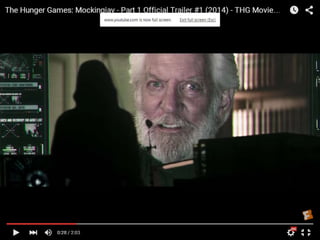 Close up of President
Snow’s face on the
computer and a black
shadow of which we take
is Katniss again.
 