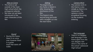 Mise en Scene
• This frame is set
outside of the main
high school which the
protagonist attends.
• We have not yet been
introduced to the
main characters of the
film
Editing
• The beginning of
this frame is faded in
after showing the
distributors of the
film.
• This frame is one
second long and ends
with a straight cut into
the next frame.
Camera Work
• The camera work in
this frame is very
simple as there is no
movement. The
camera is stood
at eyelevel focusing
on the students
entering
Sound
• During this frame
there is no voice
over however there
is a guitar
track that starts off
trailer.
Text Language
• There is no diegetic
text language in this
frame apart from the
non diegetic text
which is the name of
the school 'Lakewood
High School’
 