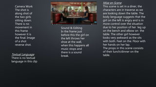 Camera Work
The shot is
along shot of
the two girls
sitting down.
There is no
movement in
this frame
however it is
the final. Image
of a shot
reverse shot.
Mise en Scene
This scene is set in a diner, the
characters are in traverse as we
are looking down the table. The
body language suggests that the
girl on the left is angry and is in
more control over the situation
due to her position of her leg up
on the bench and elbow on the
table. The other girl however
looks very awkward as the sits
with both. Feet on the. Floor with
her hands on her lap.
The props in this scene consists
of their lunch/dinner on the
table.
Sound & Editing
In the frame just
before this the girl on
the left throws her
shoe at the wall,
when this happens all
music stops and
there is a sound
break.Textual Language
There is no textual
language in this clip
 