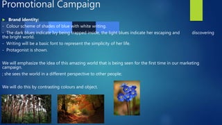 Promotional Campaign
 Brand identity:
- Colour scheme of shades of blue with white writing.
- The dark blues indicate Ivy being trapped inside, the light blues indicate her escaping and discovering
the bright world.
- Writing will be a basic font to represent the simplicity of her life.
- Protagonist is shown.
We will emphasize the idea of this amazing world that is being seen for the first time in our marketing
campaign.
; she sees the world in a different perspective to other people;
We will do this by contrasting colours and object.
 
