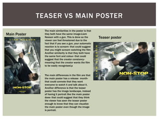 TEASER VS MAIN POSTER
Main Poster
Teaser poster
The main similarities in the poster is that
they both have the same image-Liam
Neeson with a gun. This is done so the
viewer can feel threatened due to the
fact that if you see a gun, your automatic
reaction is to scream- that could suggest
that you might scream watching the film
Another similarity is that they both have
the same font and colour- that could
suggest that the creator constancy-
meaning that the creator wants the film
to be easily recognised.p
The main differences in the film are that
the main poster has a release month-
that could connote that they want
everyone to watch it and talk about it.
Another difference is that the teaser
poster has the image landscape, instead
of having it portrait like the main poster
does- that could suggest that they think
the viewer has seen the teaser poster
enough to know that they can visualize
the main poster even though the image
is portrait.
 