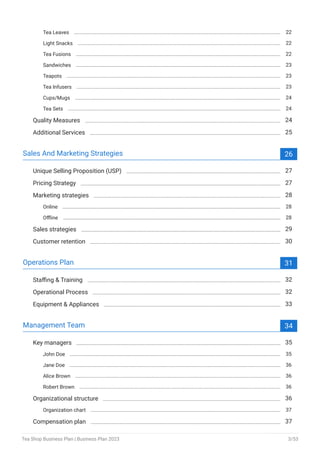 Tea Leaves 22
Light Snacks 22
Tea Fusions 22
Sandwiches 23
Teapots 23
Tea Infusers 23
Cups/Mugs 24
Tea Sets 24
Quality Measures 24
Additional Services 25
Sales And Marketing Strategies 26
Unique Selling Proposition (USP) 27
Pricing Strategy 27
Marketing strategies 28
Online 28
Offline 28
Sales strategies 29
Customer retention 30
Operations Plan 31
Staffing & Training 32
Operational Process 32
Equipment & Appliances 33
Management Team 34
Key managers 35
John Doe 35
Jane Doe 36
Alice Brown 36
Robert Brown 36
Organizational structure 36
Organization chart 37
Compensation plan 37
Tea Shop Business Plan | Business Plan 2023 3/53
 
