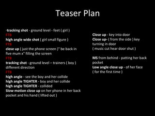 Teaser Plan tracking shot  - ground level - feet ( girl ) FTB high angle wide shot  ( girl small figure )  FTB close up  ( just the phone screen )" be back in five mum x" filling the screen  FTB tracking shot  - ground level – trainers ( boy ) different direction FTB high angle  - see the boy and her collide  high angle TIGHTER  - boy and her collide high angle TIGHTER  - collided Slow motion close up  on her phone in her back pocket and his hand ( lifted out )  Close up  - key into door Close up-  ( from the side ) key turning in door ( music cut hear door shut )  MS  from behind - patting her back pocket Low angle close up  - of her face ( for the first time ) 