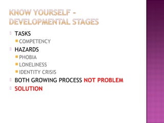  TASKS
 COMPETENCY
 HAZARDS
 PHOBIA
 LONELINESS
 IDENTITY CRISIS
 BOTH GROWING PROCESS NOT PROBLEM
 SOLUTION
 