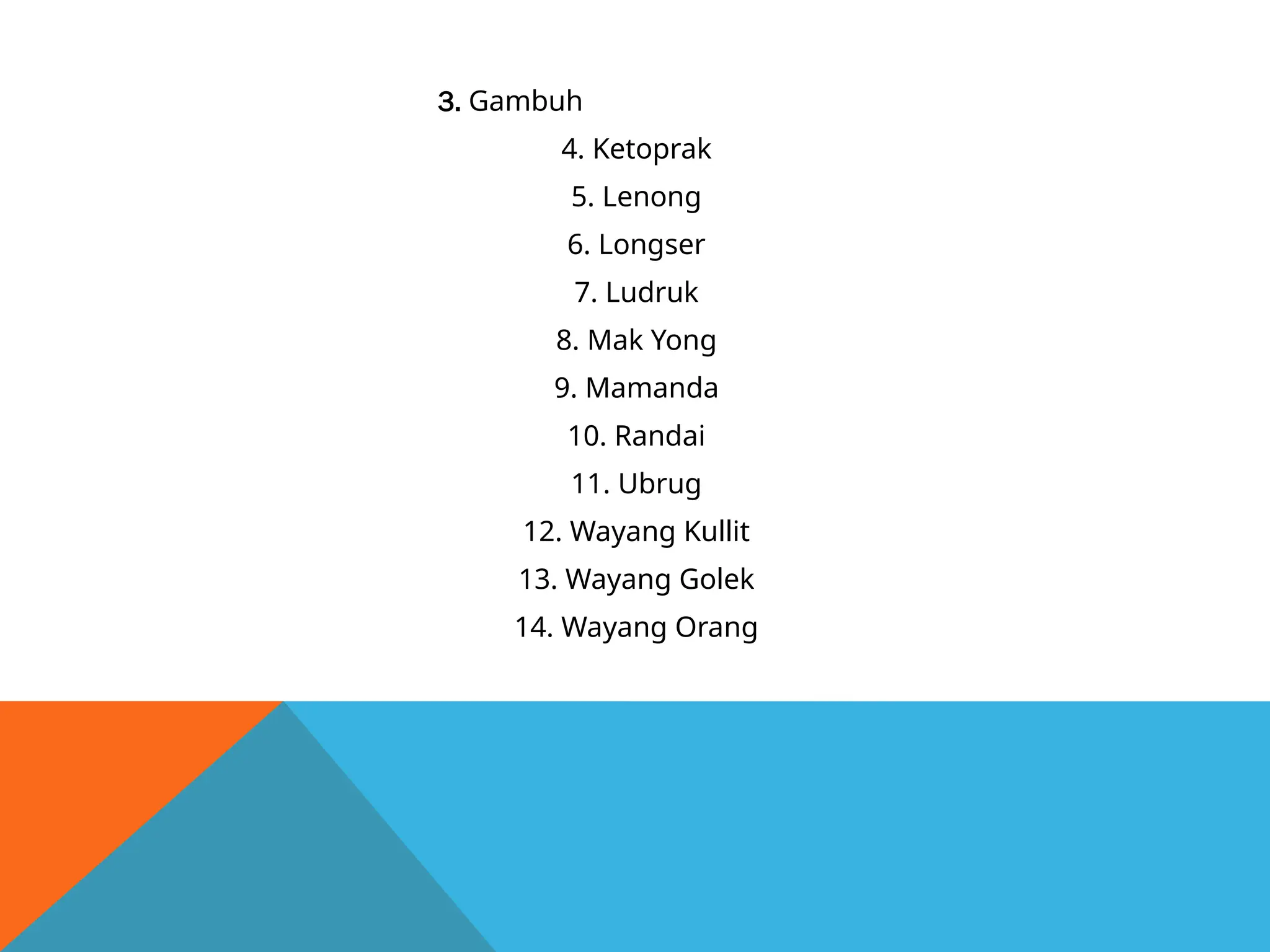 3. Gambuh
4. Ketoprak
5. Lenong
6. Longser
7. Ludruk
8. Mak Yong
9. Mamanda
10. Randai
11. Ubrug
12. Wayang Kullit
13. Wayang Golek
14. Wayang Orang
 