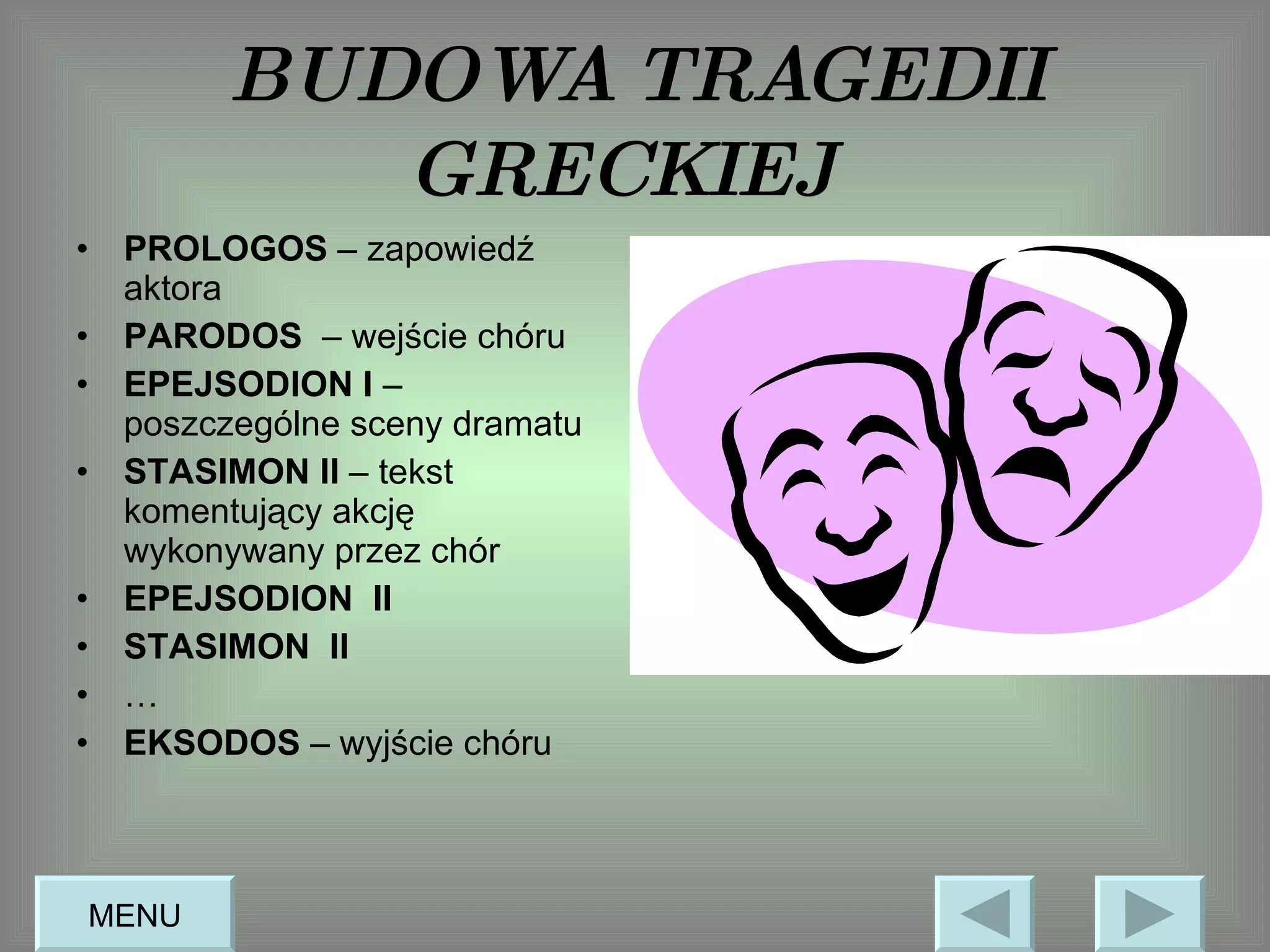 BUDOWA TRAGEDII GRECKIEJ   PROLOGOS  – zapowiedź aktora  PARODOS   – wejście chóru  EPEJSODION I  – poszczególne sceny dramatu  STASIMON   II  – tekst komentujący akcję wykonywany przez chór  EPEJSODION  II  STASIMON  II … EKSODOS  – wyjście chóru  MENU 