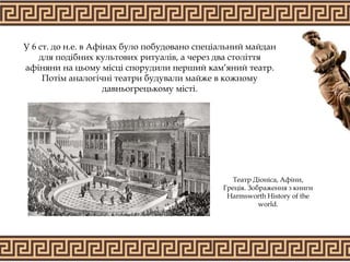 У 6 ст. до н.е. в Афінах було побудовано спеціальний майдан
для подібних культових ритуалів, а через два століття
афіняни на цьому місці спорудили перший кам’яний театр.
Потім аналогічні театри будували майже в кожному
давньогрецькому місті.
Театр Діоніса, Афіни,
Греція. Зображення з книги
Harmsworth History of the
world.
 