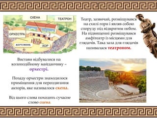Театр, зазвичай, розміщувався
на схилі гори і являв собою
споруду під відкритим небом.
На підвищенні розміщувався
амфітеатр із місцями для
глядачів. Така зала для глядачів
називалася театроном.
Вистави відбувалися на
колоподібному майданчику –
орхестрі.
Позаду орхестри знаходилося
приміщення для переодягання
акторів, яке називалося скена.
Від цього слова походить сучасне
слово сцена.
ЖЕРТОВНИК
 