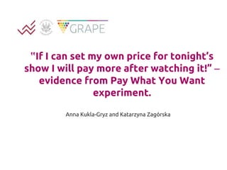 ‟If I can set my own price for tonight’s
show I will pay more after watching it!” 
evidence from Pay What You Want
experiment.
Anna Kukla-Gryz and Katarzyna Zagórska
 