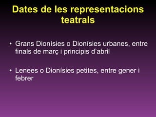 Dates de les representacions teatrals Grans Dionísies o Dionísies urbanes, entre finals de març i principis d’abril Lenees o Dionísies petites, entre gener i febrer 