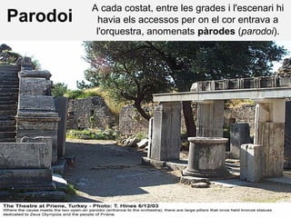 A cada costat, entre les grades i l'escenari hi
havia els accessos per on el cor entrava a
l'orquestra, anomenats pàrodes (parodoi).
Parodoi
 