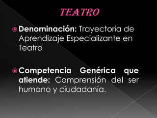 TEATRO Denominación: Trayectoria de Aprendizaje Especializante en Teatro Competencia Genérica que atiende: Comprensión del ser humano y ciudadanía. 