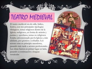 El teatro medieval era de calle, lúdico,
festivo, con tres principales tipologías:
«litúrgico», temas religiosos dentro de la
Iglesia; «religioso», en forma de misterios y
pasiones; y «profano», temas no religiosos.
Estaba subvencionado por la Iglesia y, más
adelante, por gremios y cofradías. Los
actores eran en principio sacerdotes,
pasando más tarde a actores profesionales.
Las obras fueron en primer lugar en latín,
pasando a continuación a lenguas
vernáculas
 