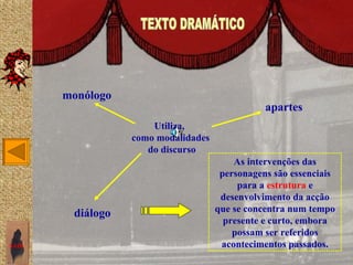monólogo
                                                apartes
                      Utiliza,
                  como modalidades
                     do discurso
                                         As intervenções das
                                      personagens são essenciais
                                          para a estrutura e
                                      desenvolvimento da acção
                                     que se concentra num tempo
        diálogo
                                       presente e curto, embora
                                         possam ser referidos
SAIR                                  acontecimentos passados.
 