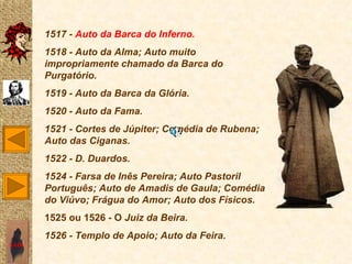 1517 - Auto da Barca do Inferno.
       1518 - Auto da Alma; Auto muito
       impropriamente chamado da Barca do
       Purgatório.
       1519 - Auto da Barca da Glória.
       1520 - Auto da Fama.
       1521 - Cortes de Júpiter; Comédia de Rubena;
       Auto das Ciganas.
       1522 - D. Duardos.
       1524 - Farsa de Inês Pereira; Auto Pastoril
       Português; Auto de Amadis de Gaula; Comédia
       do Viúvo; Frágua do Amor; Auto dos Físicos.
       1525 ou 1526 - O Juiz da Beira.
       1526 - Templo de Apoio; Auto da Feira.
SAIR
 