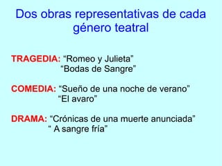 Dos obras representativas de cada
         género teatral

TRAGEDIA: “Romeo y Julieta”
         “Bodas de Sangre”

COMEDIA: “Sueño de una noche de verano”
         “El avaro”

DRAMA: “Crónicas de una muerte anunciada”
      “ A sangre fría”
 