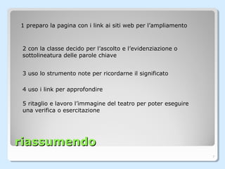 riassumendoriassumendo
7
1 preparo la pagina con i link ai siti web per l’ampliamento
2 con la classe decido per l’ascolto e l’evidenziazione o
sottolineatura delle parole chiave
3 uso lo strumento note per ricordarne il significato
5 ritaglio e lavoro l’immagine del teatro per poter eseguire
una verifica o esercitazione
4 uso i link per approfondire
 