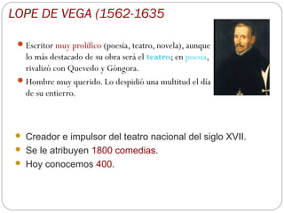LOPE DE VEGA (1562-1635

  Escritor muy prolífico (poesía, teatro, novela), aunque
   lo más destacado de su obra será el teatro; en poesía,
   rivalizó con Quevedo y Góngora.
  Hombre muy querido. Lo despidió una multitud el día
   de su entierro.



   Creador e impulsor del teatro nacional del siglo XVII.
   Se le atribuyen 1800 comedias.
   Hoy conocemos 400.
 
