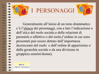 I PERSONAGGI

     Generalmente all’inizio di un testo drammatico
c’è l’elenco dei personaggi, con a lato l’indicazione o
dell’età,o del ruolo sociale,o delle relazioni di
parentele o affettive o del ruolo,l’ordine in cui sono
presentati può essere dettato dall’importanza
decrescente del ruolo o dall’ordine di apparizione o
dalla gerarchia sociale o da una divisione in
gruppi(es.uomini/donne).
 