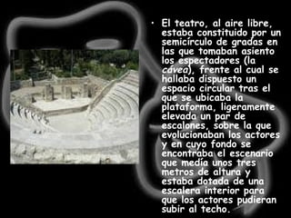 El teatro, al aire libre, estaba constituido por un semicírculo de gradas en las que tomaban asiento los espectadores (la  cávea ), frente al cual se hallaba dispuesto un espacio circular  tras el que se ubicaba la plataforma, ligeramente elevada un par de escalones, sobre la que evolucionaban los actores y en cuyo fondo se encontraba el escenario que medía unos tres metros de altura y estaba dotada de una escalera interior para que los actores pudieran subir al techo.   