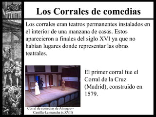 Los Corrales de comedias Los corrales eran teatros permanentes instalados en el interior de una manzana de casas. Estos aparecieron a finales del siglo XVI ya que no habían lugares donde representar las obras teatrales. Corral de comedias de Almagro – Castilla-La mancha (s.XVII) El primer corral fue el Corral de la Cruz (Madrid), construido en 1579. 