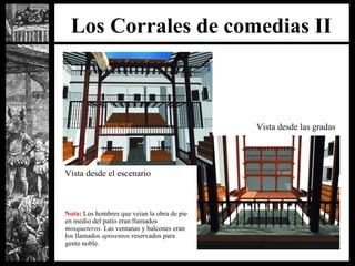 Los Corrales de comedias II Vista desde el escenario Nota:  Los hombres que veían la obra de pie en medio del patio eran llamados  mosqueteros . Las ventanas y balcones eran los llamados  aposentos  reservados para gente noble. Vista desde las gradas 