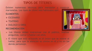 TIPOS DE TÍTERES
Existen numerosas técnicas para manipular y construir
marionetas. Los tipos de títere más habituales son:
ELEMENTOS:
 ESCENARIO
 TEATRINO
 DIÁLOGO U OBRA
RECOMENDACIÓN:
 Los títeres deben interactuar con el público, realizar
preguntas, cantar y hablar con ellos.
 El títere que está actuando es el único que se mueve al
hablar, para que la atención se centre en él y no en los
demás personaje.
 
