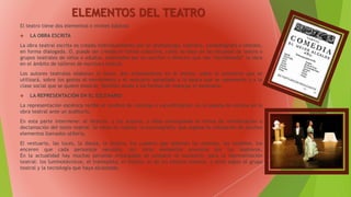 ELEMENTOS DEL TEATRO
El teatro tiene dos elementos o niveles básicos:
 LA OBRA ESCRITA
La obra teatral escrita es creada individualmente por un dramaturgo, teatrero, comediógrafo o literato,
en forma dialogada. O, puede ser creada en forma colectiva, como se hace en las escuelas de teatro o
grupos teatrales de niños o adultos, orientados por un escritor o director que van “escribiendo” la obra
en el ámbito de talleres de escritura teatral.
Los autores teatrales elaboran el texto, dan orientaciones en él mismo, sobre el escenario que se
utilizará, sobre los gestos el movimiento y el vestuario apropiado a la época que se representa y a la
clase social que se quiere mostrar. También alude a las formas de manejar el escenario.
 LA REPRESENTACIÓN EN EL ESCENARIO
La representación escénica recibe el nombre de montaje o escenificación, es la puesta en escena en la
obra teatral ante un auditorio.
En esta parte interviene: el director, y los actores, a ellos corresponde la forma de verbalización o
declamación del texto teatral. Se tiene en cuanta, la escenografía, que supone la utilización de muchos
elementos llamados utilería.
El vestuario, las luces, la danza, la música, los cuadros que adornan las escenas, los muebles, los
enceren que cada personaje necesita, son otros elementos previstos por los teatreros.
En la actualidad hay muchas personas encargadas de preparar el escenario, para la representación
teatral: los luminotécnicos, el tramoyista, el músico, el de los efectos sonoros, y otros según el grupo
teatral y la tecnología que haya alcanzado.
 