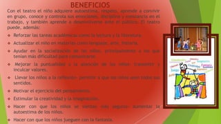 BENEFICIOS
Con el teatro el niño adquiere autoestima, respeto, aprende a convivir
en grupo, conoce y controla sus emociones, disciplina y constancia en el
trabajo, y también aprende a desenvolverse ante el público. El teatro
puede, además:
 Reforzar las tareas académicas como la lectura y la literatura.
 Actualizar el niño en materias como lenguaje, arte, historia.
 Ayudar en la socialización de los niños, principalmente a los que
tenían más dificultad para comunicarse.
 Mejorar la puntualidad y la atención de los niños- transmitir y
inculcar valores.
 Llevar los niños a la reflexión- permitir a que los niños usen todos sus
sentidos.
 Motivar el ejercicio del pensamiento.
 Estimular la creatividad y la imaginación.
 Hacer con que los niños se sientan más seguros- aumentar la
autoestima de los niños.
 Hacer con que los niños jueguen con la fantasía.
 