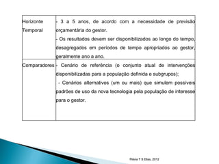 Horizonte    - 3 a 5 anos, de acordo com a necessidade de previsão
Temporal     orçamentária do gestor.
             - Os resultados devem ser disponibilizados ao longo do tempo,
             desagregados em períodos de tempo apropriados ao gestor,
             geralmente ano a ano.
Comparadores - Cenário de referência (o conjunto atual de intervenções
             disponibilizadas para a população definida e subgrupos);
              - Cenários alternativos (um ou mais) que simulem possíveis
             padrões de uso da nova tecnologia pela população de interesse
             para o gestor.




                                              Flávia T S Elias, 2012
 